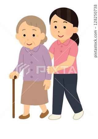 護理人員用拐杖支撐老年婦女的插圖 128250738
