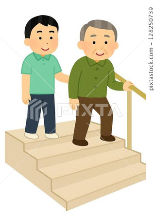 護理人員從後面扶著老人爬樓梯的插圖 128250739