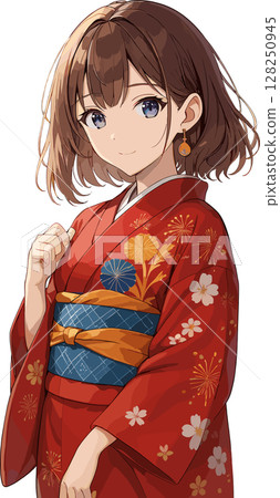 穿著紅色和服的女人的插圖 128250945