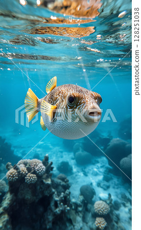 Porcupinefish (deflated) looking up at the water surface 128251038