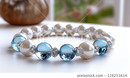 Elegant Aquamarine and Pearl Necklace with Crystal Accents on Display 128251614