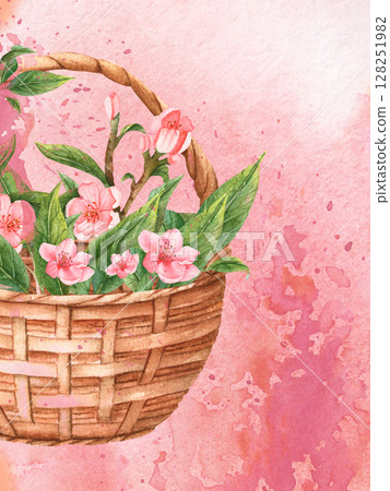 Handmade Watercolor Basket with flowers of Peaches. Basket with pink botanica. Handmade Watercolor Basket with flowers of Peaches. Basket with pink botanica. 128251982