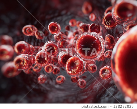Red blood cell, and erythrocyte, in a blood vessel. Iron in hemoglobin. 3D-Illustration 128252023