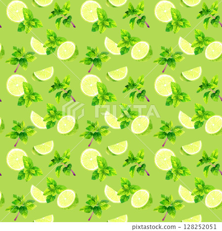 Mojito seamless pattern (lemon lime) Hand-drawn watercolor illustration background material 128252051
