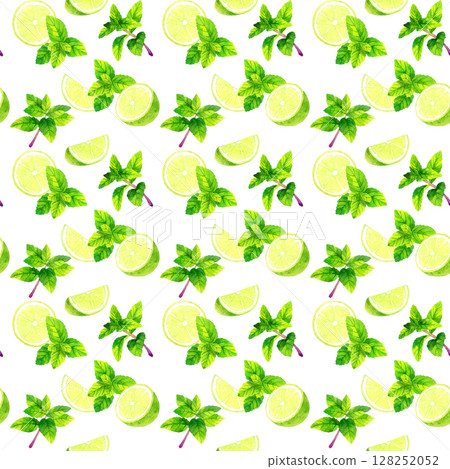 Mojito seamless pattern (lemon lime) Hand-drawn watercolor illustration background material 128252052