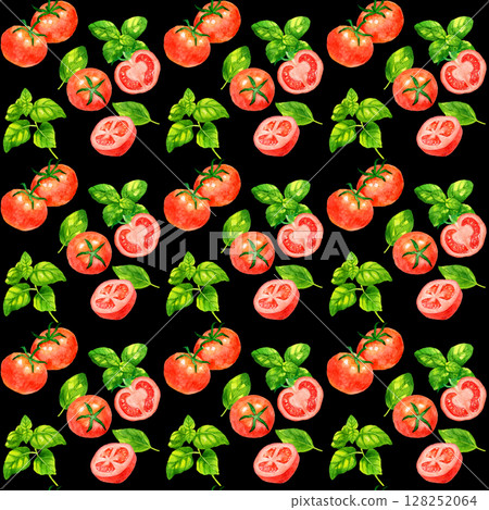 Italian seamless pattern of tomatoes and basil Hand-drawn watercolor illustration background material 128252064