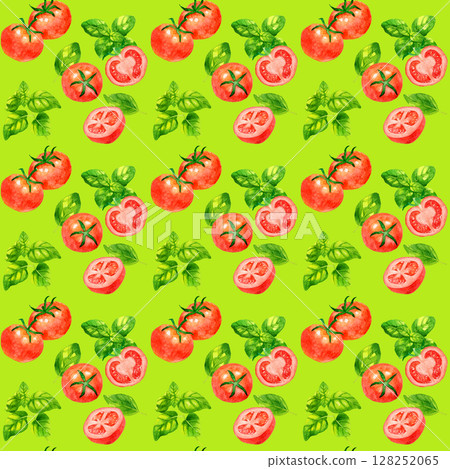 Italian seamless pattern of tomatoes and basil Hand-drawn watercolor illustration background material 128252065