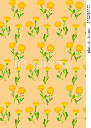 Seamless pattern of marigold (calendula) Hand-drawn watercolor illustration background material 128252072