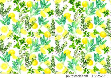 排毒水無縫圖案(香草和檸檬)手繪水彩插圖背景素材 排毒水無縫圖案(香草和檸檬)手繪水彩插圖背景素材 128252082