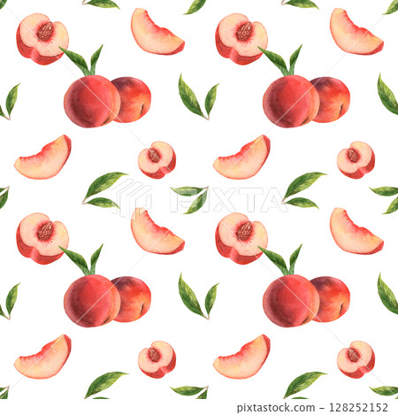 Watercolor pattern with peaches, nectarines. Pastel pattern for fabric, beige, peach color. Watercolor pattern with peaches, nectarines. Pastel pattern for fabric, beige, peach color. 128252152