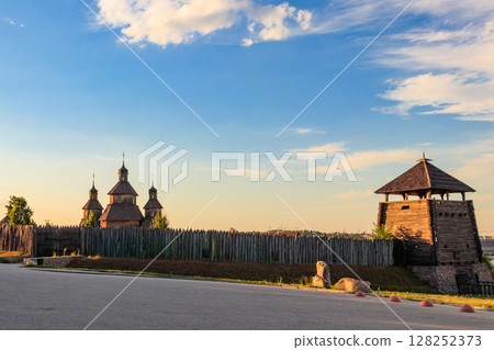 Medieval wooden Zaporozhian Sich on Khortytsia island in Zaporizhia, Ukraine Medieval wooden Zaporozhian Sich on Khortytsia island in Zaporizhia, Ukraine 128252373