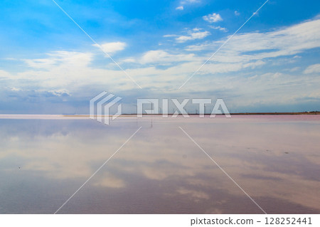 Wind turbines on a shore of the pink salty Syvash lake in Kherson region, Ukraine. Renewable energy Wind turbines on a shore of the pink salty Syvash lake in Kherson region, Ukraine. Renewable energy 128252441