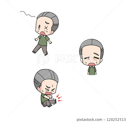 Three-pattern set of illustrations of elderly men with early symptoms of heat stroke 128252513