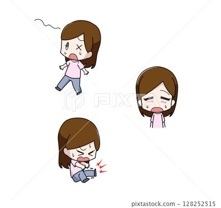 Three sets of illustrations of women with early symptoms of heat stroke 128252515