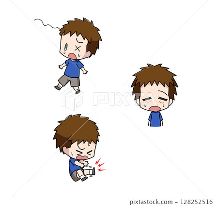 Set of 3 illustrations of boys with early symptoms of heat stroke 128252516