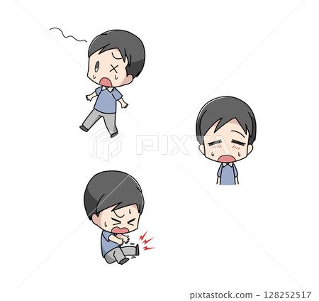 Three sets of illustrations of men with early symptoms of heat stroke 128252517