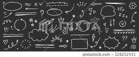 Line arrow icon element set. Hand drawn sketch star, heart marker pen stroke circle, scribble highlight underline elements. Cute mark brush emphasis pencil swoosh, flower set. Vector 128252531