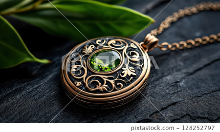 Elegant locket necklace featuring vibrant peridot gemstone and intricate design 128252797
