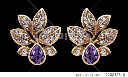 Elegant Gold Earrings with Amethyst and Leaf Design for Glamorous Style 128252840