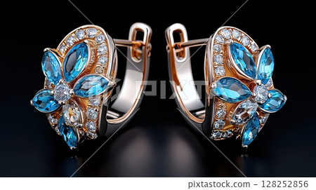 Modern Aquamarine Hoop Earrings with Elegant Floral Design and Sparkle 128252856