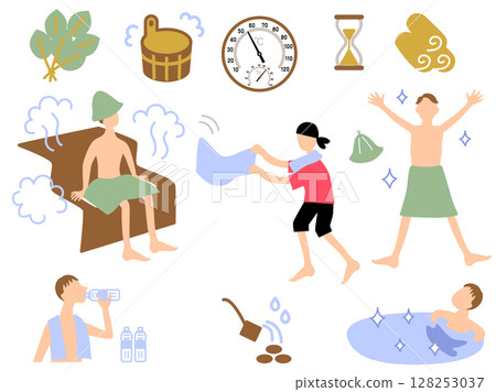 Sauna related goods and man illustration set Sauna related goods and man illustration set 128253037