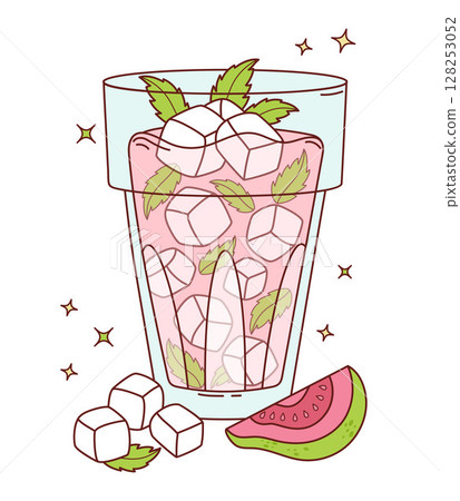 Pink Guava tropical Drink with Ice and Mint leaves. Summer Fruit Refreshing Cocktail with straw and slices. Vector Illustration. Not ai Pink Guava tropical Drink with Ice and Mint leaves. Summer Fruit Refreshing Cocktail with straw and slices. Vector Illustration. Not ai 128253052