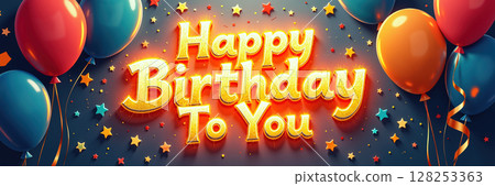 Colorful balloons and stars surround Happy Birthday To You. 128253363