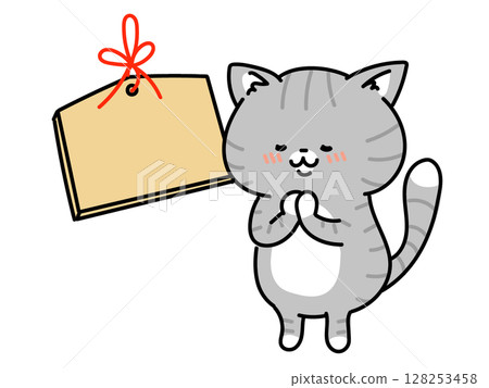 一隻貓在一塊祈願牌上許願，樸素 128253458