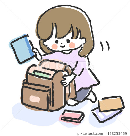 Illustration of a girl preparing her belongings in her school bag 128253469