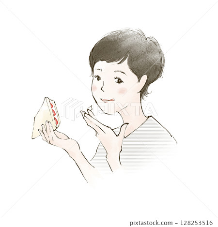 Woman eating fruit sandwich 128253516