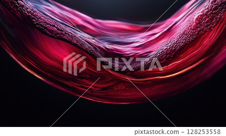 stunning crystal clear wine glass floats in air, containing deep red wine swirls elegantly backdrop enhances captivating display of motion and color 128253558