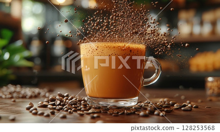 stylish cup of coffee hovers midair coffee beans swirling around it Steam rises elegantly, creating surreal and captivating atmosphere in luxurious coffee shop setting stylish cup of coffee hovers midair coffee beans swirling around it Steam rises elegantly, creating surreal and captivating atmosphere in luxurious coffee shop setting 128253568