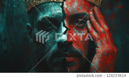 regal man golden crown grips shattered mask, revealing his mixed emotions of sorrow and defiance against dark backdrop, highlighting his intense gaze 128253614