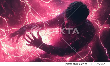 person entangled in bright neon cables appears be fighting break free high contrast lights symbolize struggle digital addiction in dark setting 128253640