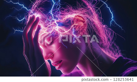silhouette of person holds their head, illustrating sharp pain of migraine 128253641