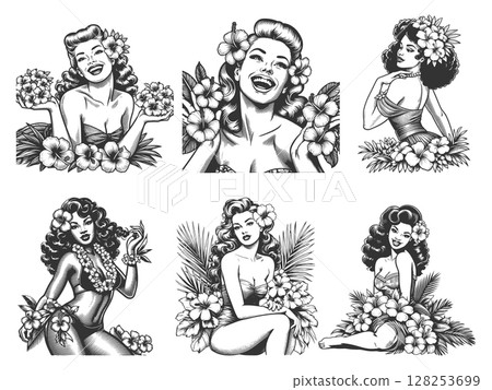 Pin-Up Girls with Tropical Flowers set vector Pin-Up Girls with Tropical Flowers set vector 128253699