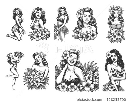 Pin-Up Girls with Tropical Flowers set vector Pin-Up Girls with Tropical Flowers set vector 128253700