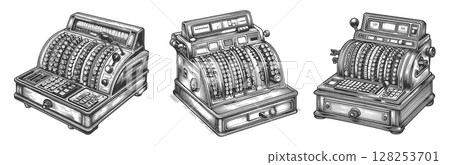 Cash Register engraving set vector collection Cash Register engraving set vector collection 128253701