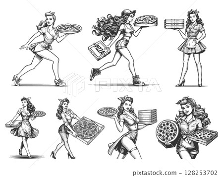 Pin-Up Girl Delivering Pizza engraving set vector Pin-Up Girl Delivering Pizza engraving set vector 128253702
