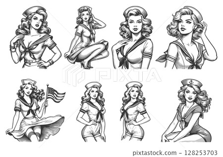 Pin-Up Sailor Girl engraving set vector collection Pin-Up Sailor Girl engraving set vector collection 128253703