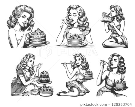 Pin-Up Women Eating Cake engraving set vector Pin-Up Women Eating Cake engraving set vector 128253704
