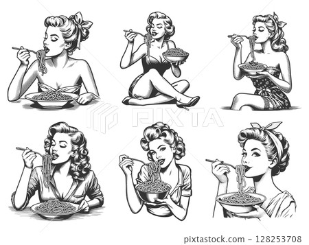Pin-Up Women Eating Spaghetti engraving set vector 128253708