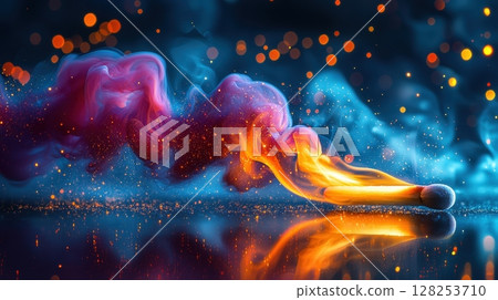 Close up of matchstick igniting, showcasing transformation of chemical energy into heat and light, surrounded mesmerizing swirling smoke and vibrant colors 128253710