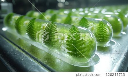 See through gel capsules contain intricately detailed plants showcasing blend of ferns and small flowers surreal composition highlights beauty of nature in fantastical setting See through gel capsules contain intricately detailed plants showcasing blend of ferns and small flowers surreal composition highlights beauty of nature in fantastical setting 128253713