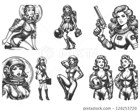 Pin-Up Female Astronaut set vector collection 128253720