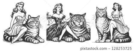 Pin-Up Girl with Giant Cat engraving set vector 128253725