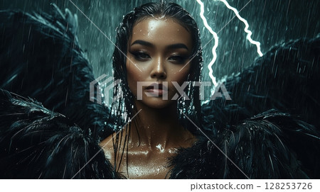 captivating woman stands in heavy rain, wearing voluminous black feathered gown Her elegant makeup contrasts stormy backdrop as lightning illuminates scene 128253726