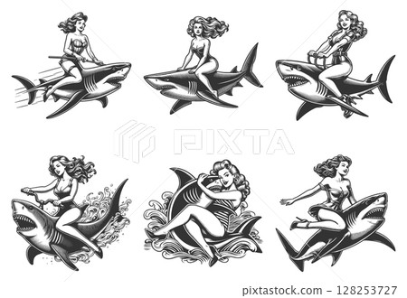Pin-Up Girl Riding Shark set vector collection 128253727