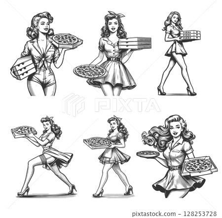Pin-Up Girl Delivering Pizza engraving set vector Pin-Up Girl Delivering Pizza engraving set vector 128253728
