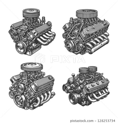 Vintage car Engine engraving set vector collection Vintage car Engine engraving set vector collection 128253734